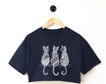 Cat Zentangle Crop Top: Graphic Animal Shirt