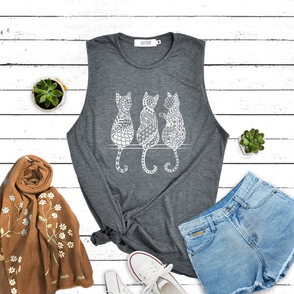 Cat zentangle Shirt cat graphic tank cat funny Shirt High Quality T-Shirts Muscle Tee Tank Top