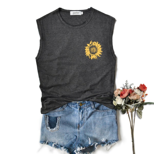 Sunflower pocket shirt mini flower Shirt flowers graphic shirt Muscle tank workout regular tank tops