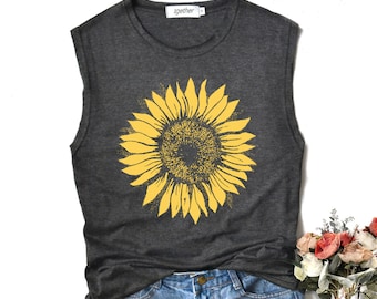 Sunflower Graphic Muscle Tank Top - Women&#39;s Workout Shirt