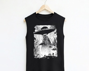 UFO Abduction Graphic Muscle Tank Top, Alien Shirt