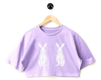 Rabbit Graphic Crop Top: Cotton Blend, Regular or Oversized Fit