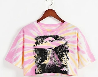 UFO abduction print tie-dye crop top cotton Workout Shirt, Oversized Fit