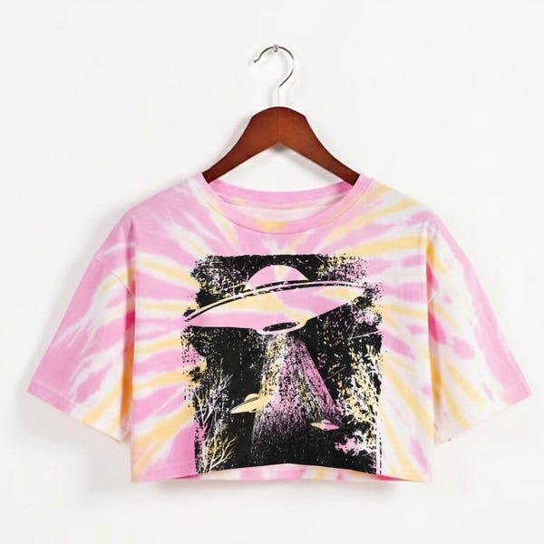 Top corto de algodón con estampado tie-dye de abducción OVNI, ideal para entrenar. Corte holgado.