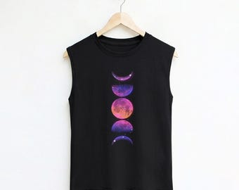 Moon Phases space Graphic Muscle Tank Top Cotton Workout Shirt