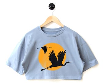 Crane Graphic Crop Top: Oversized Cotton Workout Shirt
