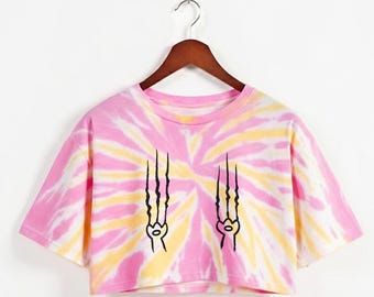 Cat scratch print tie-dye crop top cotton Workout Shirt, Oversized Fit