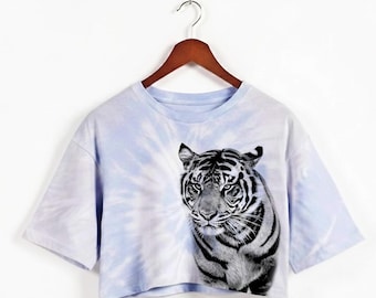 Tiger bengal print tie-dye crop top cotton Workout Shirt, Oversized Fit