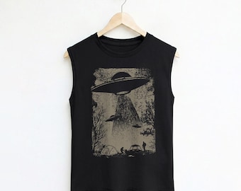 UFO Abduction Graphic Muscle Tank Top - Funny Alien Shirt