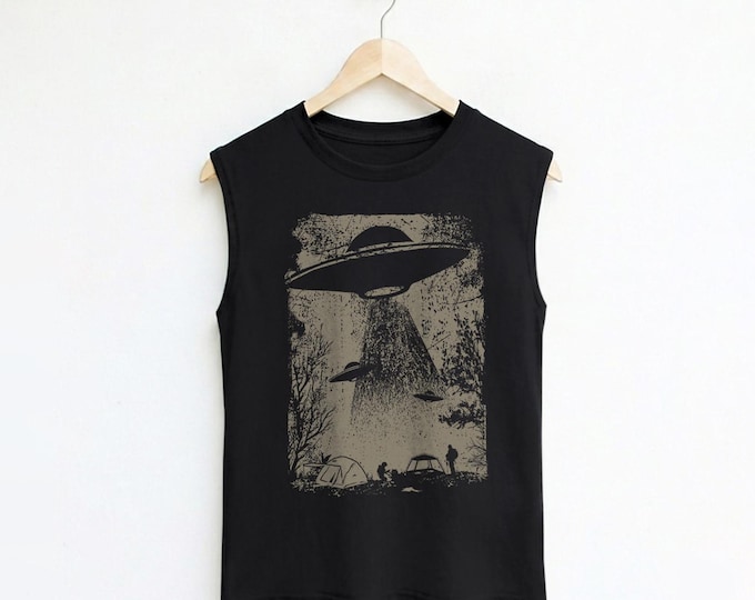 UFO Abduction Graphic Muscle Tank Top - Funny Alien Shirt