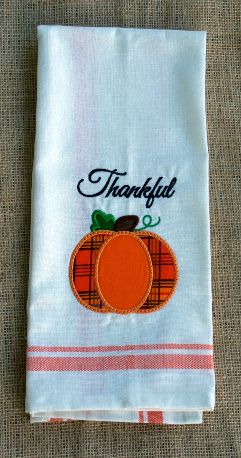 Thankful Pumpkin Towel Happy Thanksgiving Thanksgiving Towel Embroidered Kitchen Towel Fall Towel Autumn Towel Custom Embroidery image 4