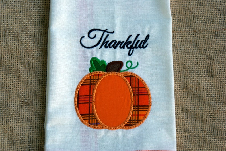 Thankful Pumpkin Towel Happy Thanksgiving Thanksgiving Towel Embroidered Kitchen Towel Fall Towel Autumn Towel Custom Embroidery image 1