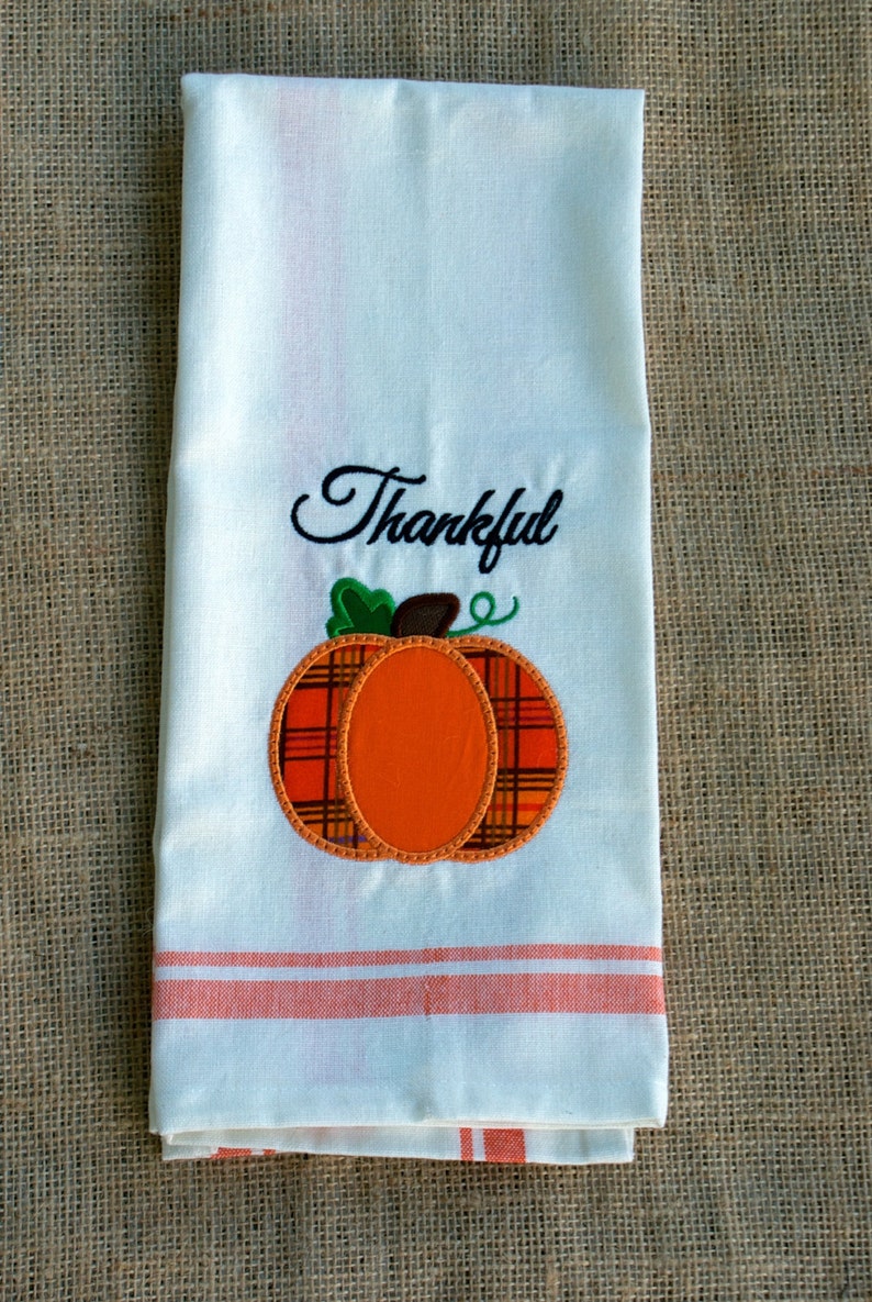 Thankful Pumpkin Towel Happy Thanksgiving Thanksgiving Towel Embroidered Kitchen Towel Fall Towel Autumn Towel Custom Embroidery image 2