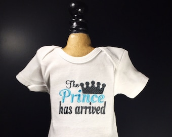 The Prince Has Arrived- Baby Boy Bodysuit- Embroidered Bodysuit- Handmade Baby Bodysuit- Embroidered Baby Gift- Custom Embroidery