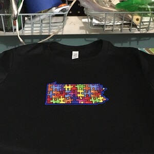 Op de afbeelding: Zwart T-shirt met een kleurrijk puzzelstukontwerp in de vorm van de staat Pennsylvania. De puzzelstukjes zijn in verschillende kleuren, omlijnd in blauw. Het shirt heeft een ronde hals en korte mouwen.