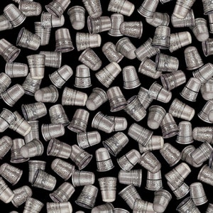 Quilting Treasures, Sew Lovely,  Sewing theme Fabric, Thimbles , Fancy thimbles, Silver thimbles on black, By the yard, 100% cotton quilt