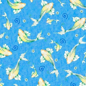 Cotton fabric, Quilting treasures, Fish, Fancy fish, KOI, Fish pond, flowers, 100% cotton quilt fabric, By the yard, Beautiful blue water