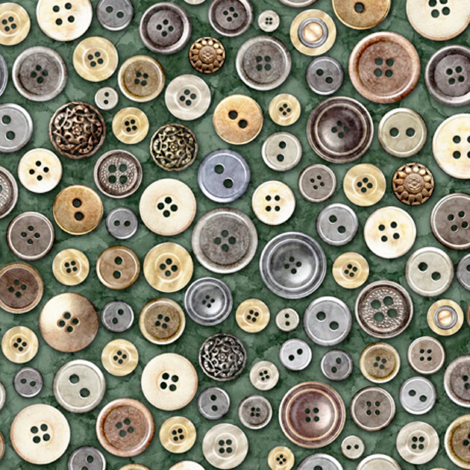 Cotton Quilting Fabric Sewing Theme Buttons on Green Etsy