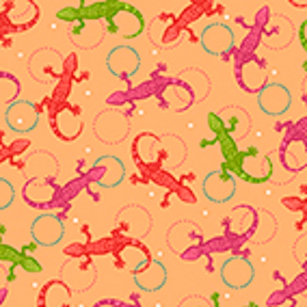 Cotton fabric, Quilting Treasures, Chameleons on orange, Lizard's, Reptiles, 100% Cotton quilting fabric, By the yard, Summer sand Lizard's