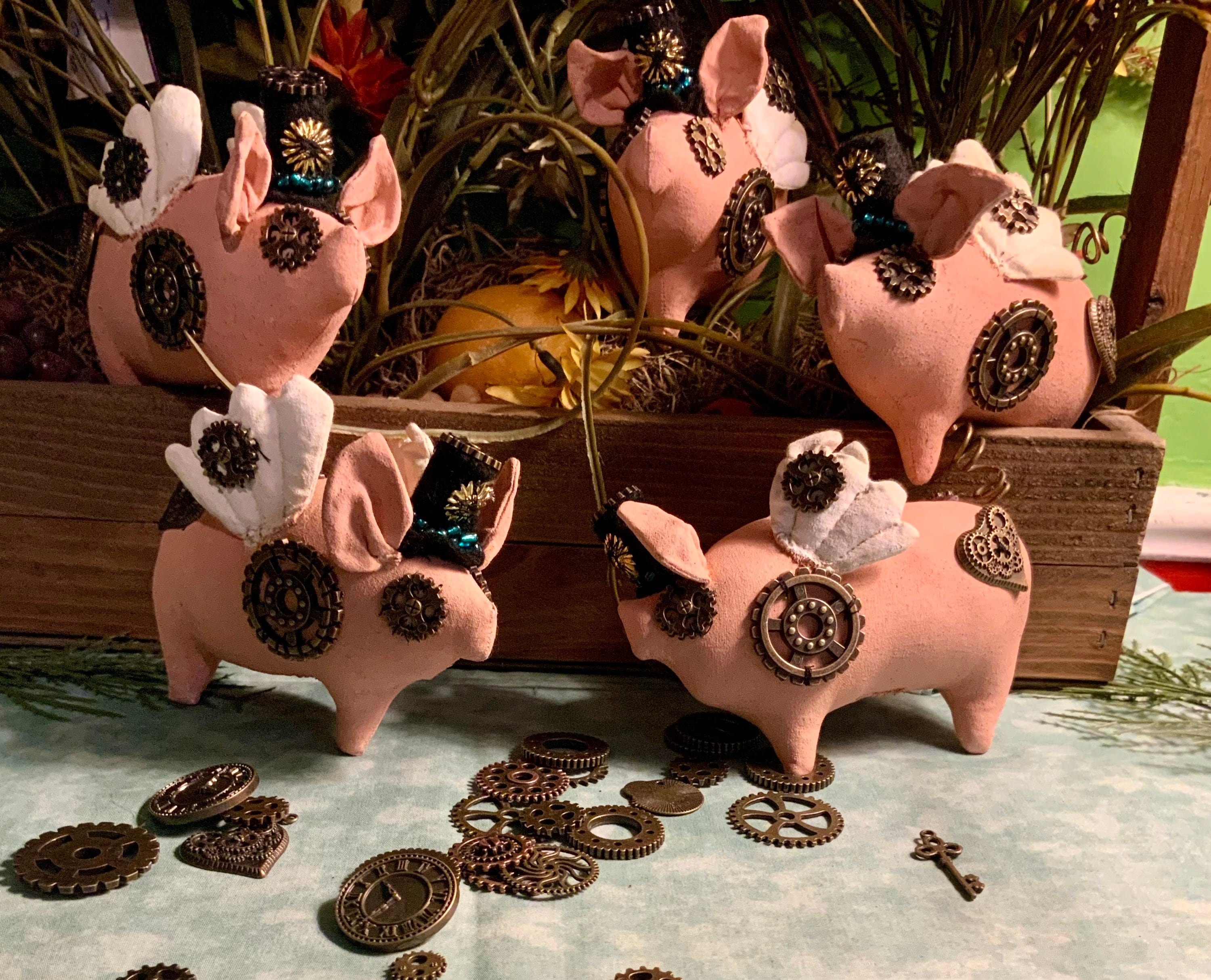 Steampunk Flying Pig Ornament: Primitive Folk Art with Gears