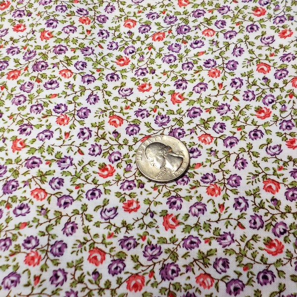 Needle Craft-Wild Flowers-Tiny,flowers on white,Pink and Purple flowers,small quilters print,green,leaves,100 % cotton Quilters Print#40428