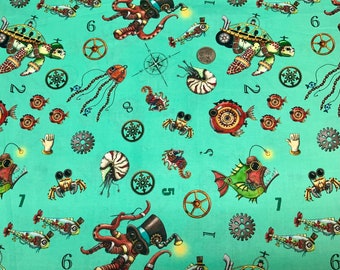 Quilting treasures, steampunk, under the sea, sea creatures, steam punk, sea life, novelty print, by the yard, premium cotton ,quilting