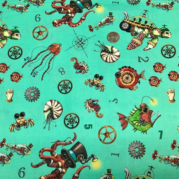 Quilting treasures, steampunk, under the sea, sea creatures, steam punk, sea life, novelty print, by the yard, premium cotton ,quilting