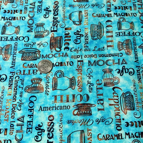 Quilting treasures, coffee shop, mocha, lattee, cappuccino, coffee words, coffee station, premium cotton quilting fabric, by the yard