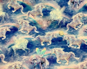 Quilting treasures, unicorn, mystic, magical,mystical unicorns,  white unicorns on blue,, rainbows and unicorns, by the yard, quality cotton