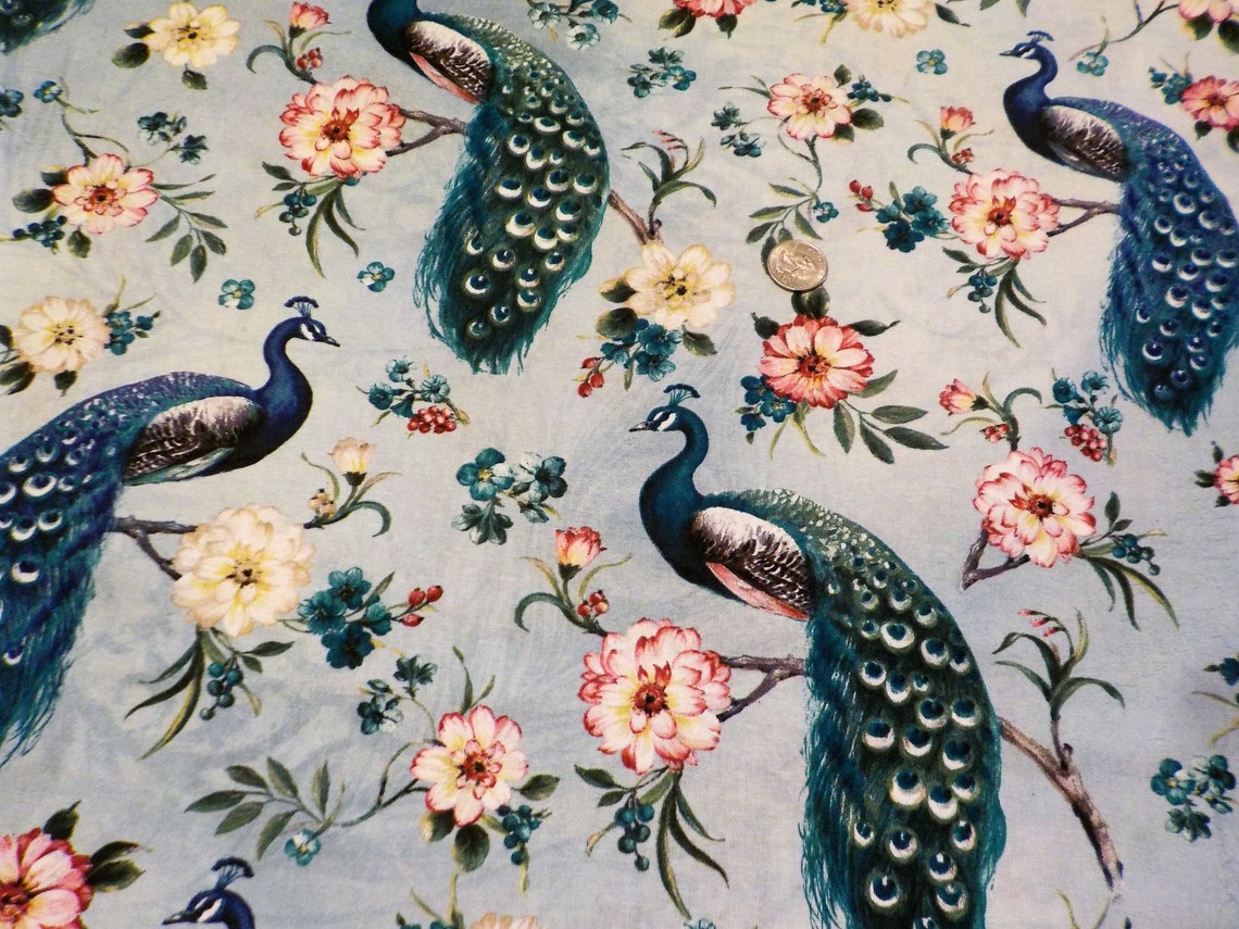 Cotton Quilting Fabric Peacocks Blue Peacocks Majestic Etsy