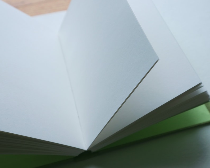 May include: A white blank notebook with a green cover. The notebook is open and the pages are fanned out.