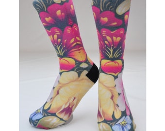 Floral Socks - Hand Printed in USA - Hawaii Socks | Hawaiian Flowers | Paradise | Hawaiian Gift | Tropical Socks | Unique Socks | Cute Socks