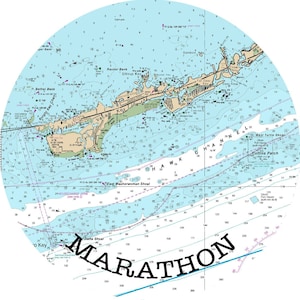 May include: A nautical chart of the waters around Marathon, Florida, with depth soundings and navigational markers. The chart includes the names of various shoals, channels, and keys, including "Bethel Back", "Stirrup Key", "Vaca Key", "Fast Washerwoman Shoal", "West Turtle Shoal", "Coffins Patch", and "Detta Shoal". The chart also includes the text "MARATHON" in large, bold letters.