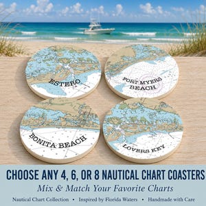 Fort Myers Beach Nautical Chart Coasters, Florida Gulf Coast Map Decor