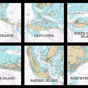 May include: A nautical chart map of the Florida Keys, showing the islands of Boca Grande, Cayo Costa, North Captiva Island, Captiva Island, Sanibel Island, and Fort Myers Beach.