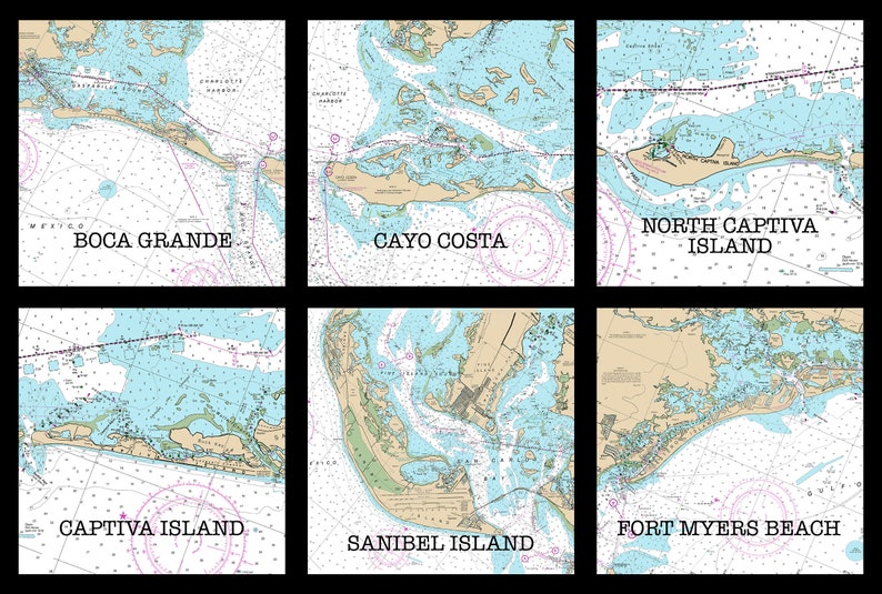 May include: A nautical chart map of the Florida Keys, showing the islands of Boca Grande, Cayo Costa, North Captiva Island, Captiva Island, Sanibel Island, and Fort Myers Beach.