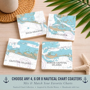 May include: Four square coasters featuring nautical charts of Boca Grande, Cayo Costa, Captiva Island, and North Captiva Island. The text on the image reads: CHOOSE ANY 4, 6 OR 8 NAUTICAL CHART COASTERS. Mix & Match Your Favorite Charts.