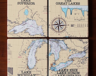 Great Lakes Map, Lake House Decor, Fisherman Gift, Gifts For Sailors, Round Or Square Coasters