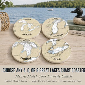 Lake Huron Nautical Chart Coasters | Lake Michigan,  Huron, Erie, Ontario | Lake House Gift