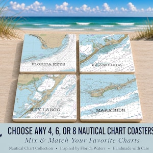 May include: Four square coasters featuring nautical charts of Florida Keys, Islamorada, Key Largo, and Marathon. Each coaster displays detailed blue and tan maritime map graphics with black text labels. The set is presented for selection.