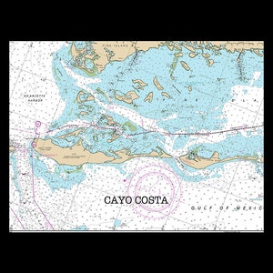 May include: A nautical chart of Cayo Costa, Florida, showing the coastline, islands, and waterways. The chart is in blue, green, and brown tones, with red and purple markings. The text "CAYO COSTA" is printed in large, bold letters at the bottom center of the chart.