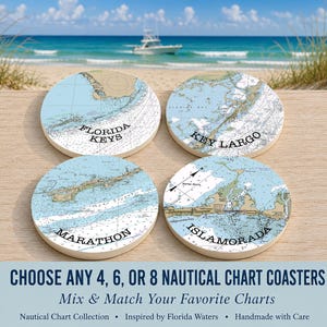 Florida Keys Nautical Chart Coasters, Key Largo | Coastal Home Decor, Boating Gift