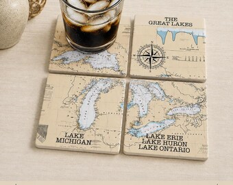 Great Lakes Coaster Set of 4, Nautical Chart Coasters, Lake Michigan, Superior, Huron, Erie, Ontario, Lake House Gift, Michigan Gift