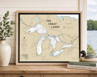 Great Lakes Nautical Chart Print | Coastal Lake House Decor (11x14 or 16x20 Matted Print)