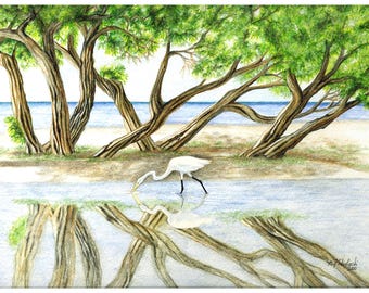 Egret Bird Watercolor Print, Everglades Lake House Decor, Bird Lover Gift