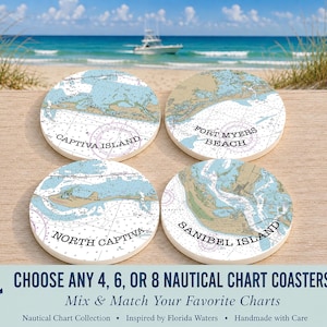May include: A set of four round coasters featuring nautical charts of Captiva Island, Fort Myers Beach, North Captiva, and Sanibel Island. Each coaster displays detailed blue and tan water depth maps with black text labels and compass rose graphics.