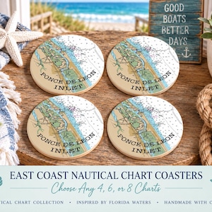 May include: A set of four round coasters featuring a nautical chart of Ponce de Leon Inlet. Each coaster displays a detailed map with tan land masses, blue water, and black text reading Ponce de Leon Inlet. The design includes depth markers.