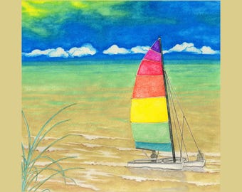 Sailboat Watercolor Painting, Beach Themed Art, Florida Coastal Decor