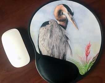 Great Blue Heron Print Mousepad, Ergonomic Mouse Pad, Round Or Square Coasters, Florida Gifts, Bird Lover Gifts, Functional Art