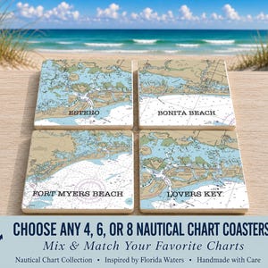 May include: Four square coasters featuring nautical charts of Estero, Bonita Beach, Fort Myers Beach, and Lovers Key. Each coaster displays detailed blue and tan map graphics with black text labels. The set is presented with text below.